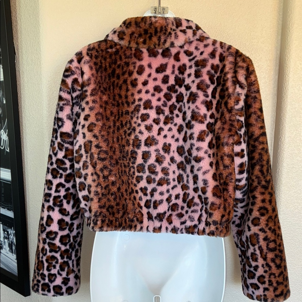 KENDALL & KYLIE Leopard Jacket, Cropped, drawstring bottom, Pink Faux Fur S - Picture 6 of 17